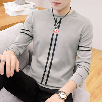 Spring and Autumn New mens printed long-sleeved T-shirt teen round neck bottom top fashion casual mens clothing