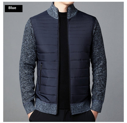 Men's Stand Collar Stitching Velvet Padded Sweater Knitwear Coat