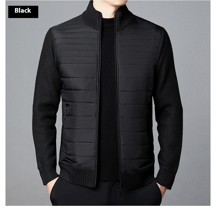 Men's Stand Collar Stitching Velvet Padded Sweater Knitwear Coat