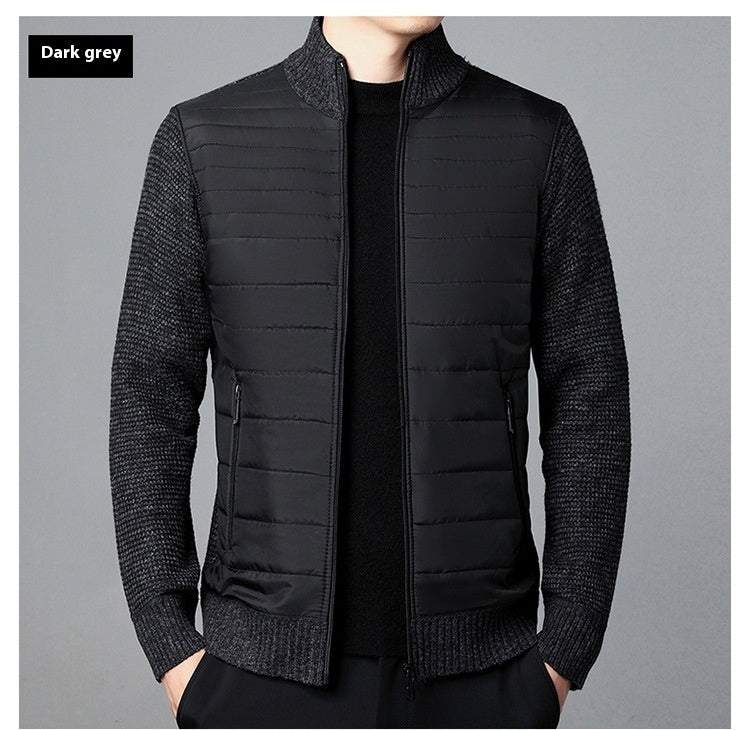 Men's Stand Collar Stitching Velvet Padded Sweater Knitwear Coat