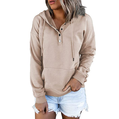 Long-sleeved Hooded Sweatshirt With Pockets Fashion Casual Button Drawstring Design Hoodie Top Spring And Autumn Sports Clothing For Women